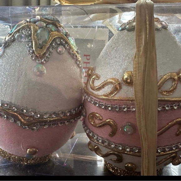 COPY - CAPIZ SHELL Embellished EGG EASTER DECOR Crystal Pearl Set Of 3 - Picture 3 of 5